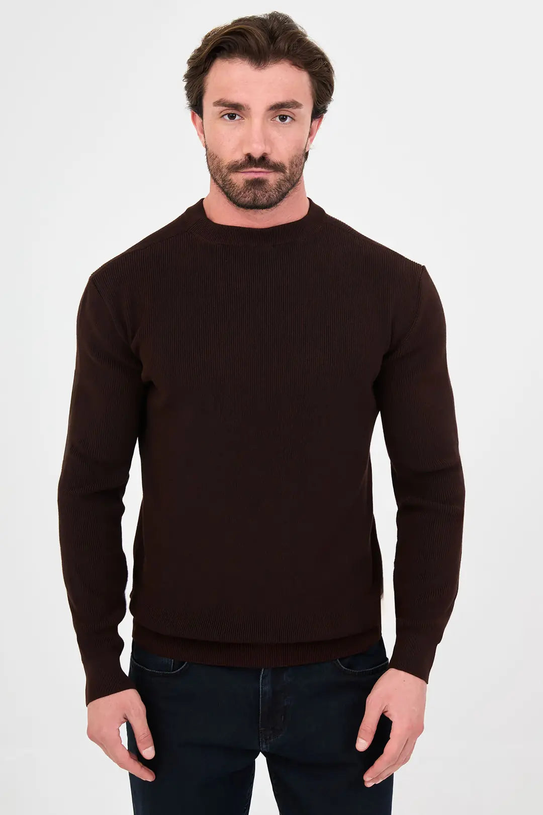 Men's Textured Dark Brown Crew Neck Sweater