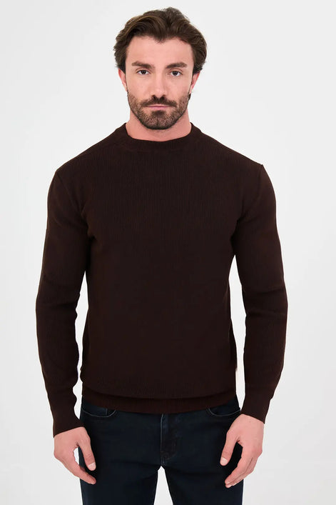 Men's Textured Dark Brown Crew Neck Sweater