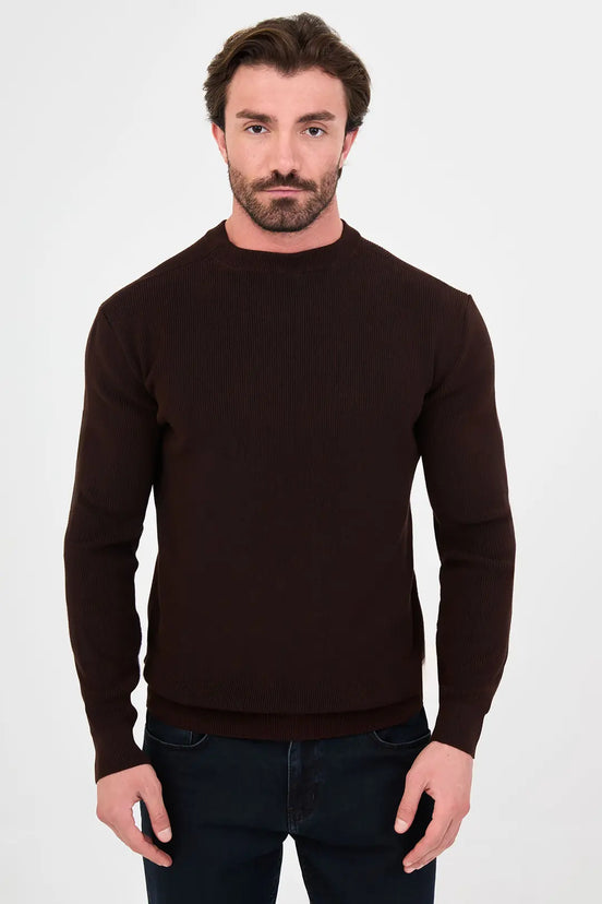 Men's Textured Dark Brown Crew Neck Sweater