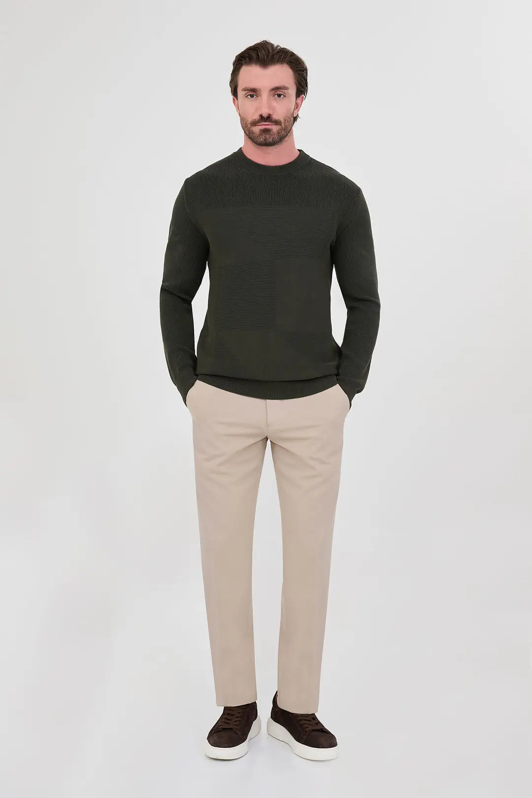 Men's Textured Olive Green Crew Neck Sweater