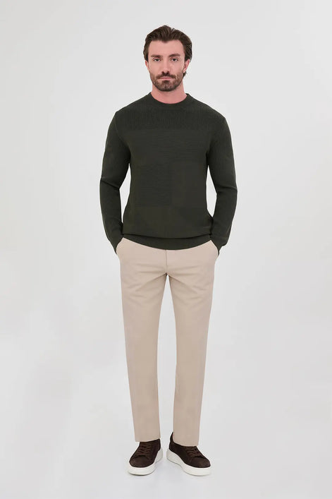 Men's Textured Olive Green Crew Neck Sweater