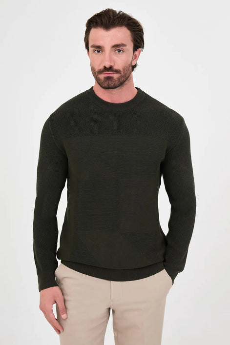 Men's Textured Crew Neck Sweater Olive Green