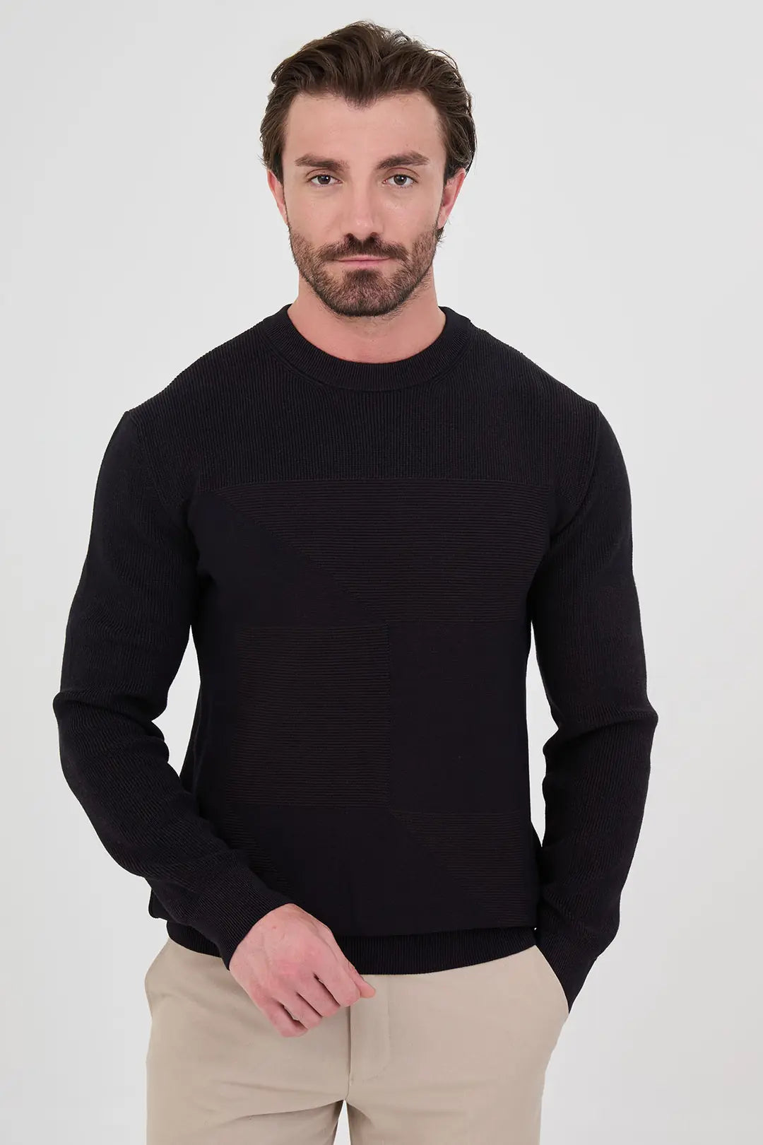 Men's Textured Dark Navy Blue Crew Neck Sweater