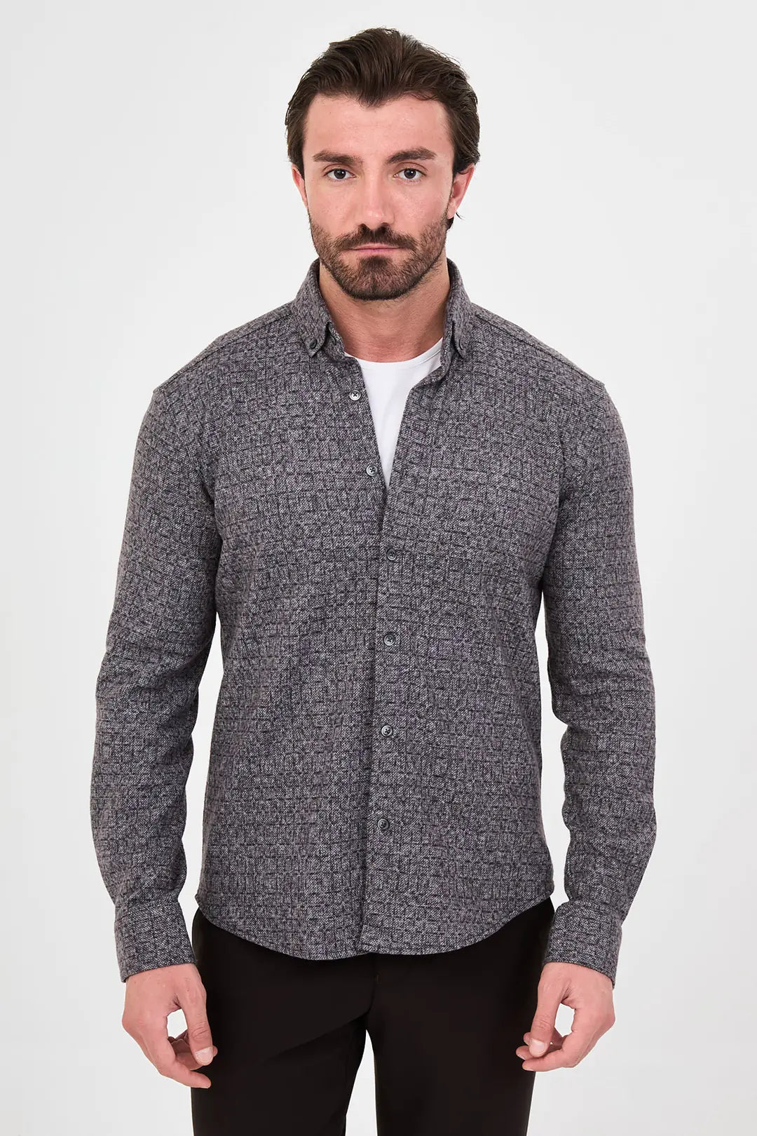 Men's Black Wool Button Down Shirt