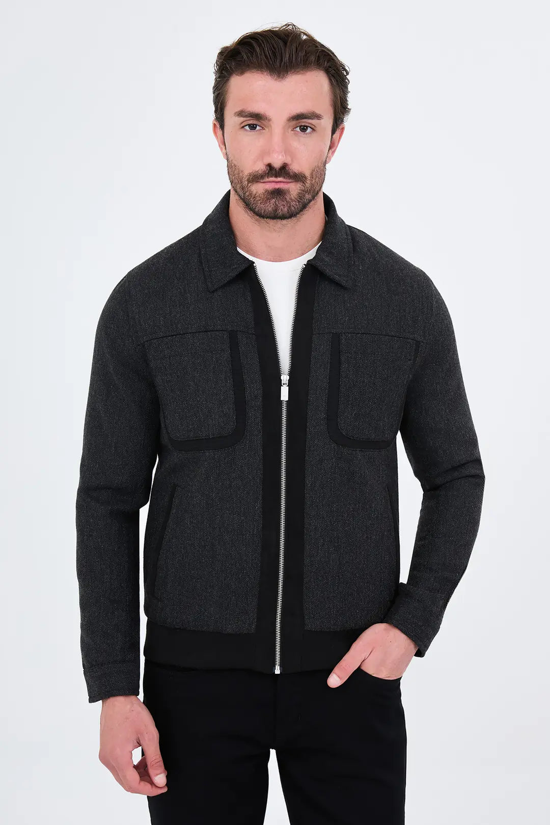 Men's Black Wool Harrington Jacket