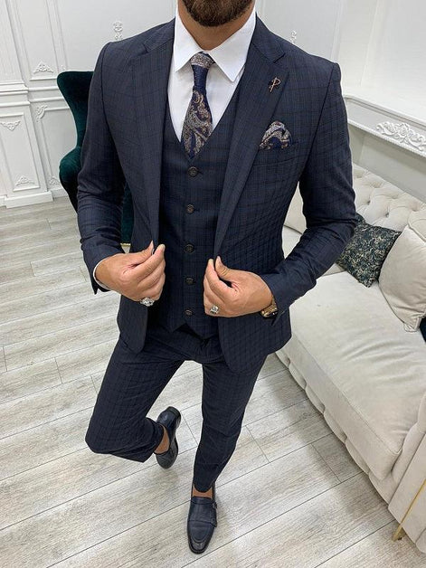 Miami Slim Fit Plaid Dark Navy Blue Suit