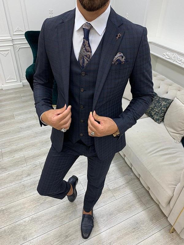 Miami Slim Fit Plaid Dark Navy Blue Suit