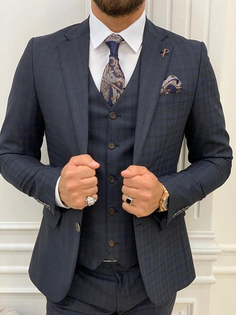 Miami Slim Fit Plaid Dark Navy Blue Suit