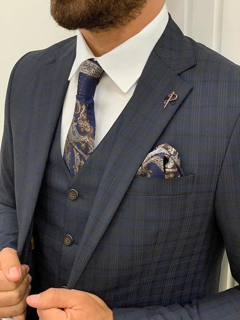 Miami Slim Fit Plaid Dark Navy Blue Suit