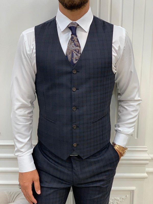 Miami Slim Fit Plaid Dark Navy Blue Suit