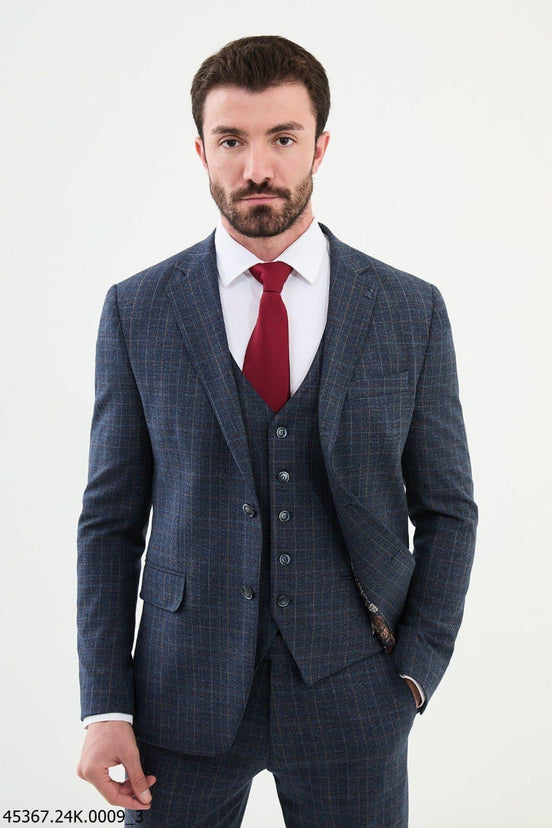 Navy Blue 3 Piece Tattersall Wool Suit