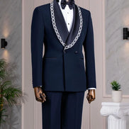 Navy Blue Crystal Embellished Shawl Collar Tuxedo