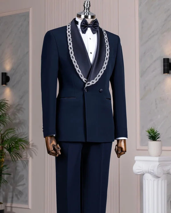 Navy Blue Crystal Embellished Shawl Collar Tuxedo