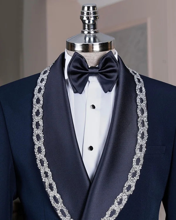Navy Blue Crystal Embellished Shawl Collar Tuxedo