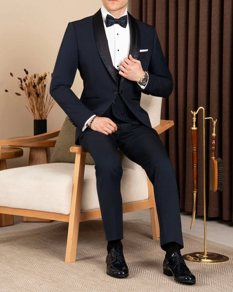 Navy Blue Glitter Shawl Lapel Tuxedo