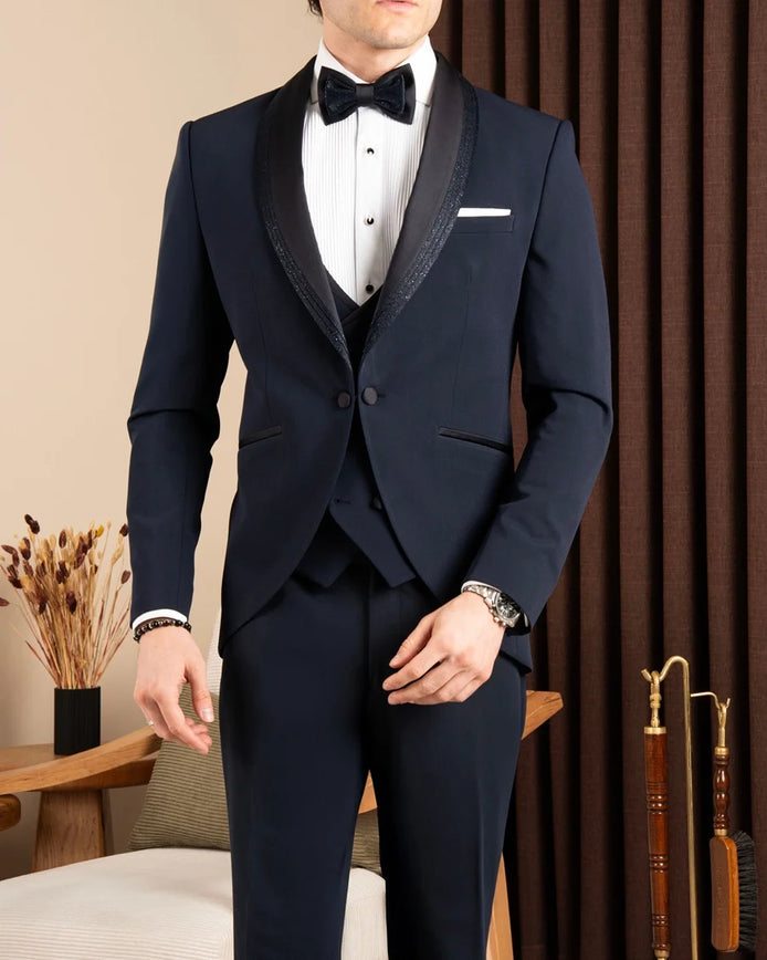 Navy Blue Glitter Shawl Lapel Tuxedo