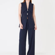 Navy Blue Longline Vest Wide Leg Pants Suit Set