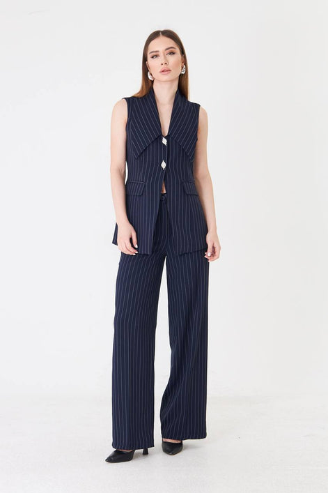 Navy Blue Longline Vest Wide Leg Pants Suit Set