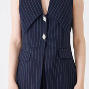 Navy Blue Longline Vest Wide Leg Pants Suit Set