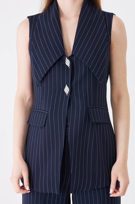 Navy Blue Longline Vest Wide Leg Pants Suit Set