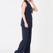 Navy Blue Longline Vest Wide Leg Pants Suit Set