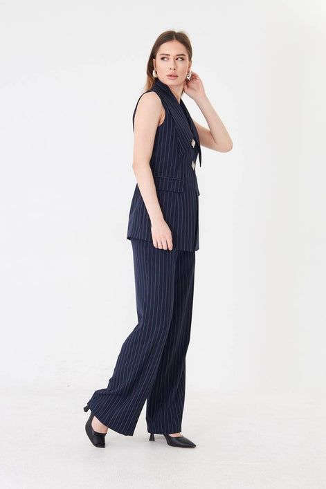 Navy Blue Longline Vest Wide Leg Pants Suit Set