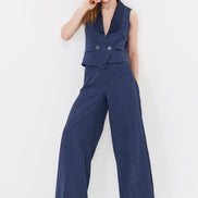 Navy Blue Pinstripe Cropped Vest Suit Set