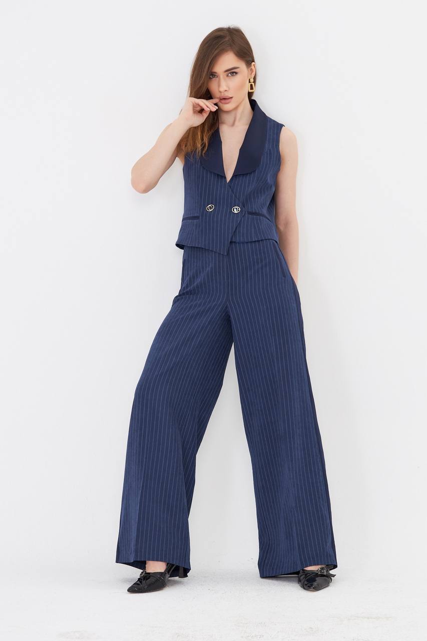 Navy Blue Pinstripe Cropped Vest Suit Set