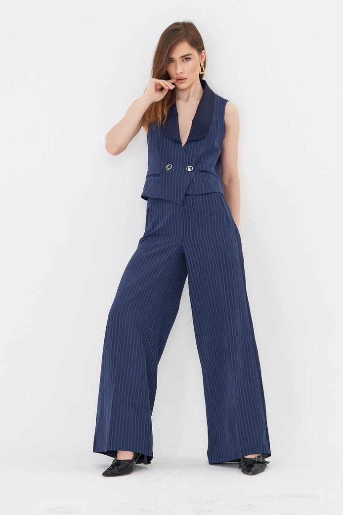 Navy Blue Pinstripe Cropped Vest Suit Set