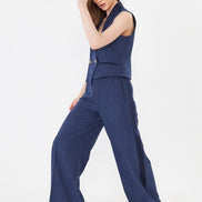Navy Blue Pinstripe Cropped Vest Suit Set