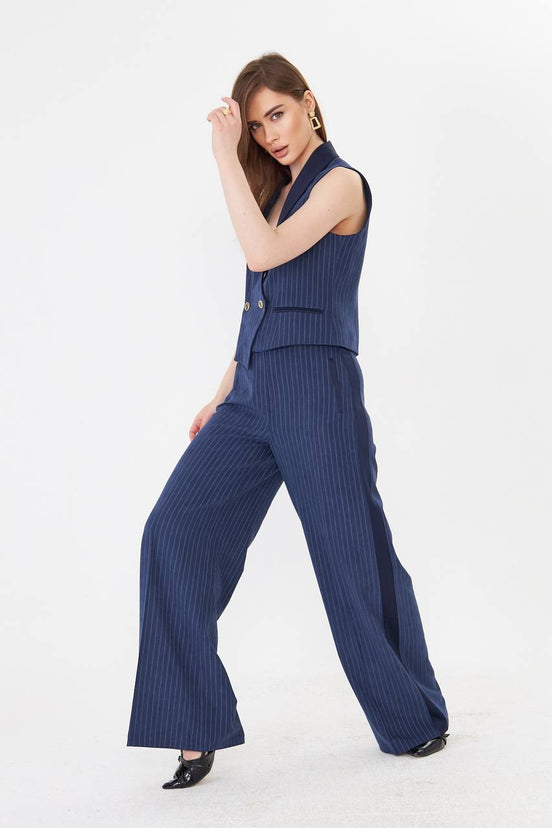 Navy Blue Pinstripe Cropped Vest Suit Set
