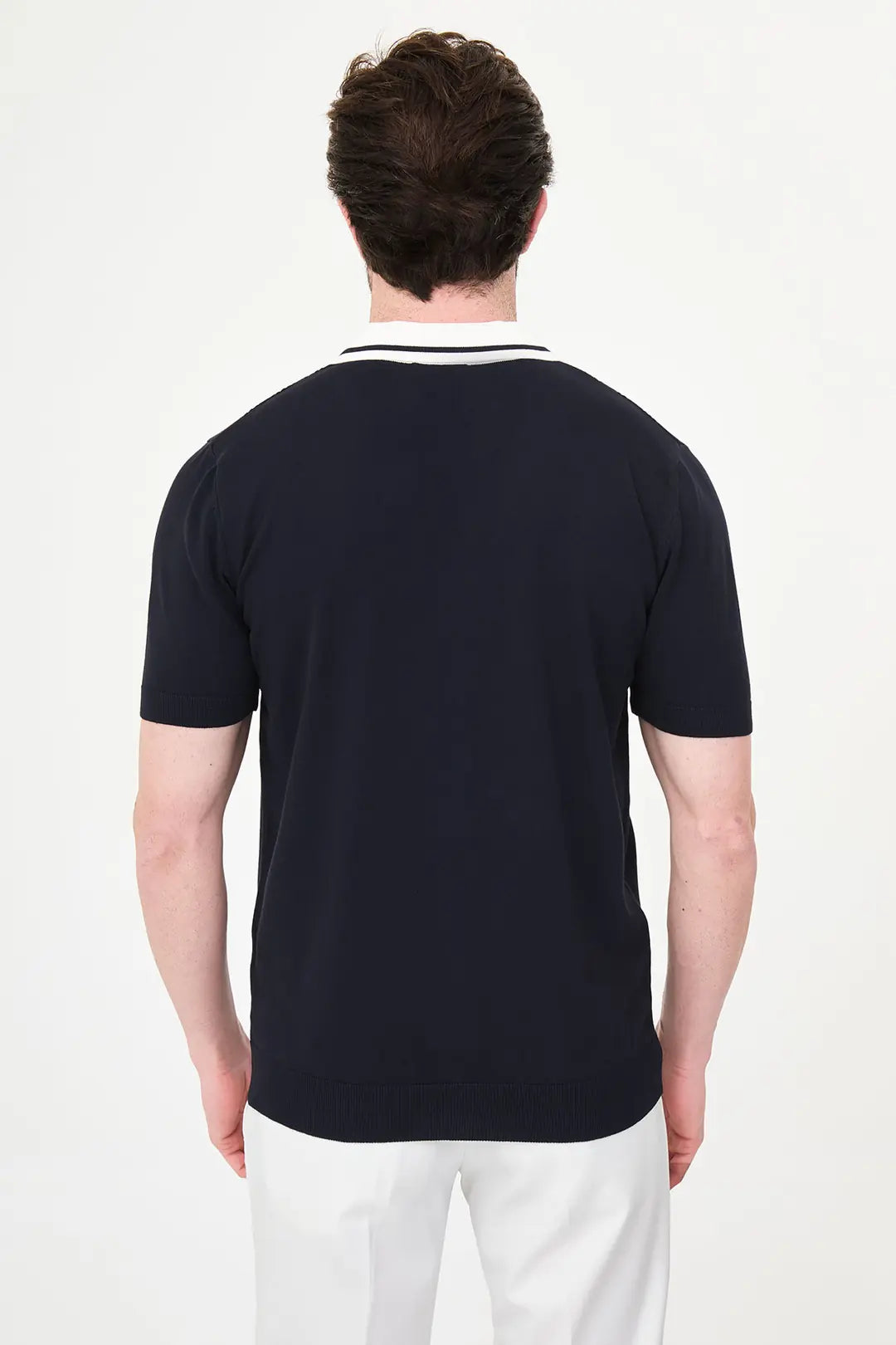 Navy Blue Pointelle Knit Button-Down Polo Shirt