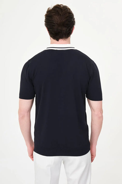 Navy Blue Pointelle Knit Button-Down Polo Shirt