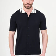 Navy Blue Pointelle Knit Button-Down Polo Shirt