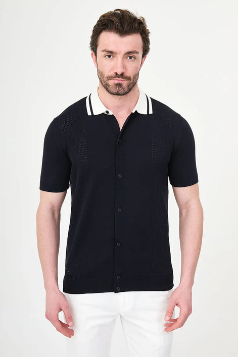Navy Blue Pointelle Knit Button-Down Polo Shirt