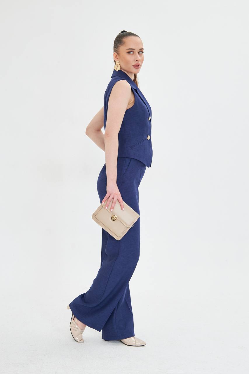 Navy Blue Sleeveless Vest & Wide Leg Pants