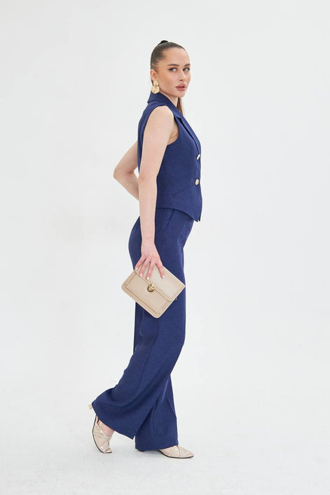 Navy Blue Sleeveless Vest & Wide Leg Pants