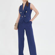 Navy Blue Sleeveless Vest & Wide Leg Pants