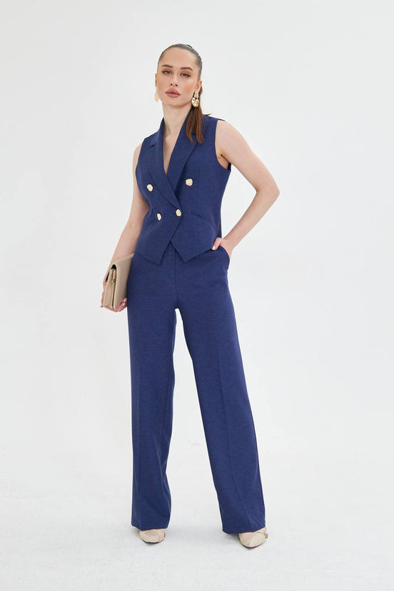Navy Blue Sleeveless Vest & Wide Leg Pants