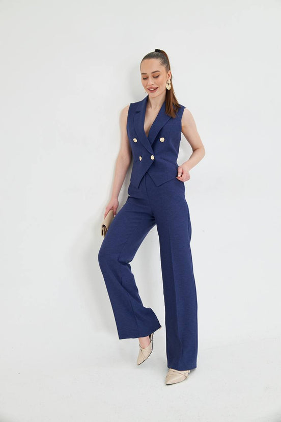 Navy Blue Sleeveless Vest & Wide Leg Pants