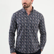 Ames Men's Navy Blue Slim Fit Patterned Wool Shirt