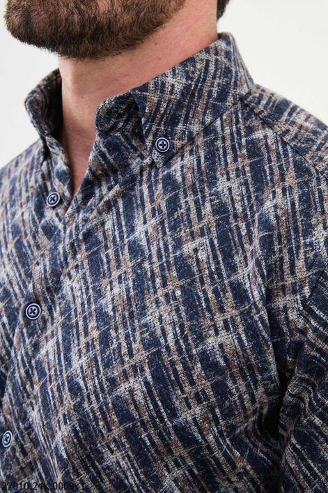 Ames Men's Navy Blue Slim Fit Patterned Wool Shirt