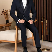Navy Blue Sparkle Shawl Collar Double Breasted Tuxedo
