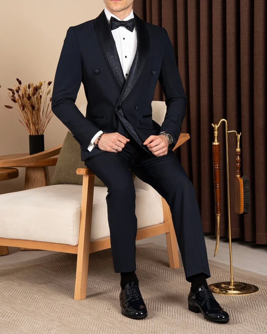 Navy Blue Sparkle Shawl Collar Double Breasted Tuxedo