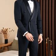 Navy Blue Sparkle Shawl Collar Double Breasted Tuxedo