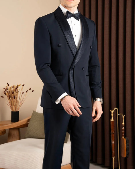 Navy Blue Sparkle Shawl Collar Double Breasted Tuxedo