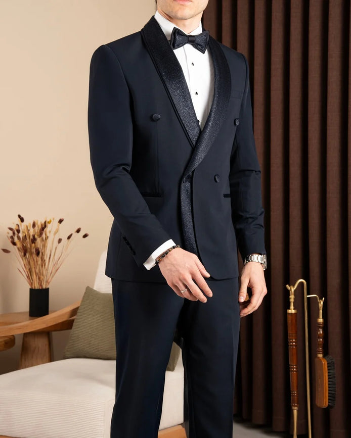 Navy Blue Sparkle Shawl Collar Double Breasted Tuxedo