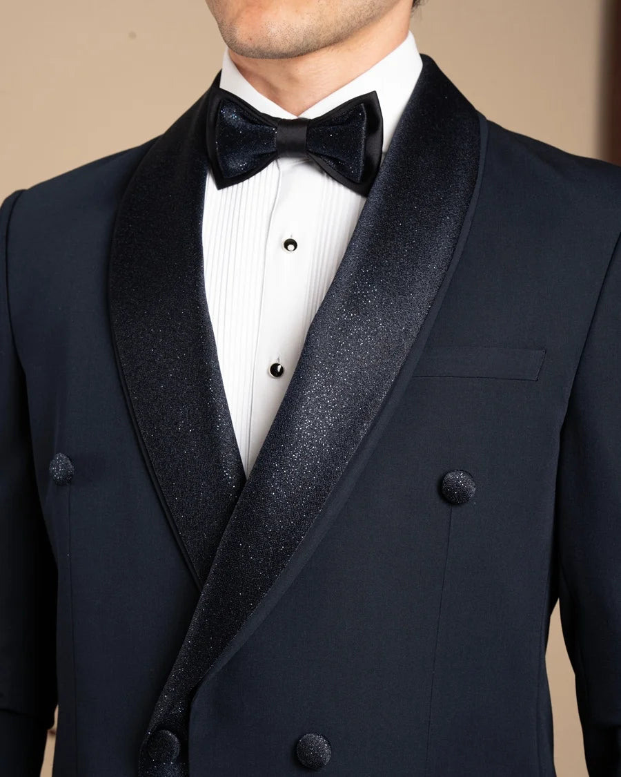 Navy Blue Sparkle Shawl Collar Double Breasted Tuxedo