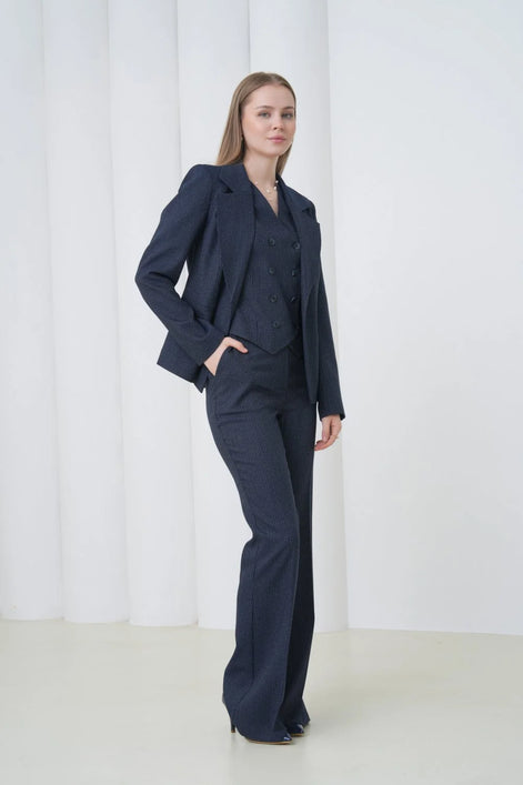 Navy Blue Striped Women Suit
