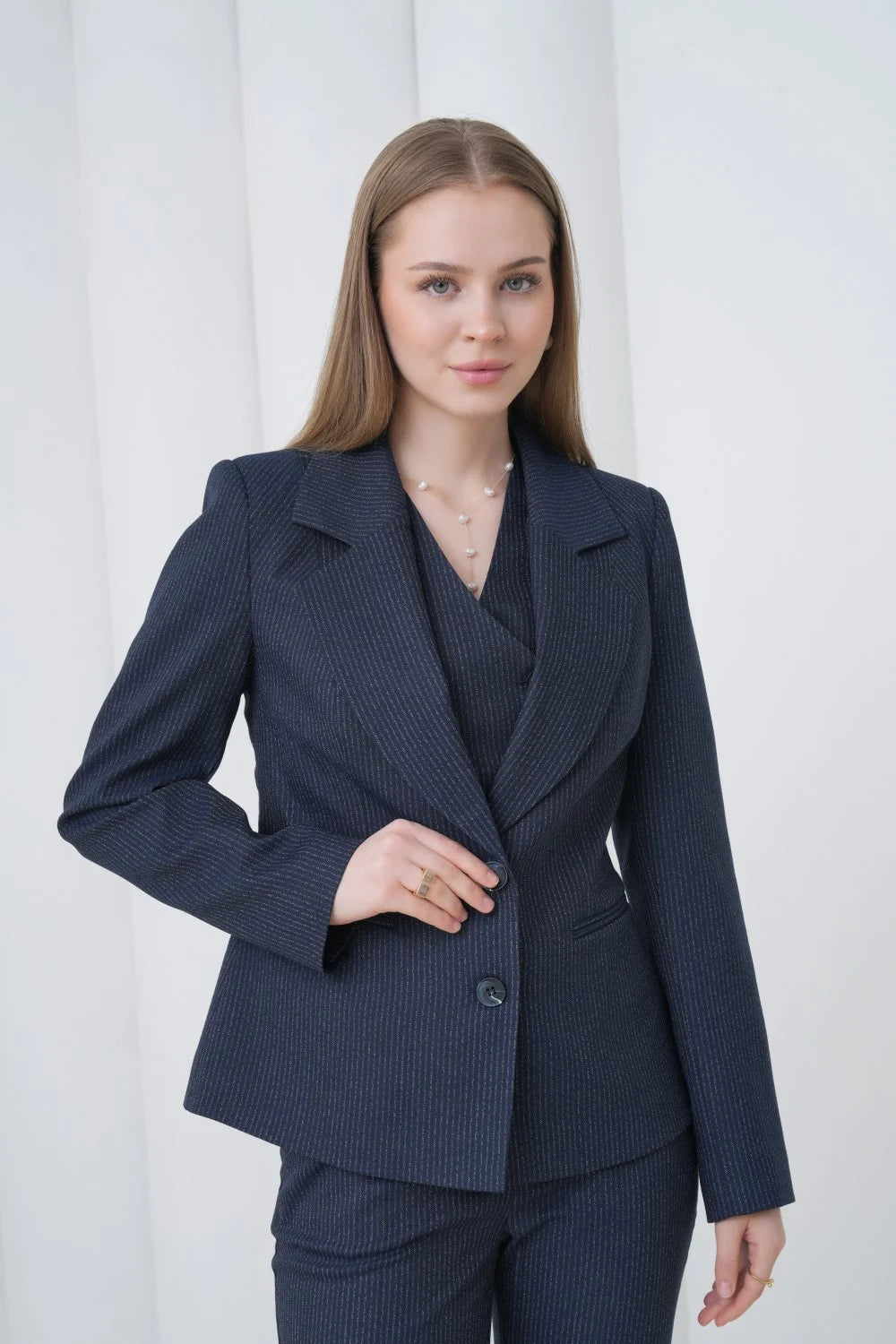 Navy Blue Striped Women Suit